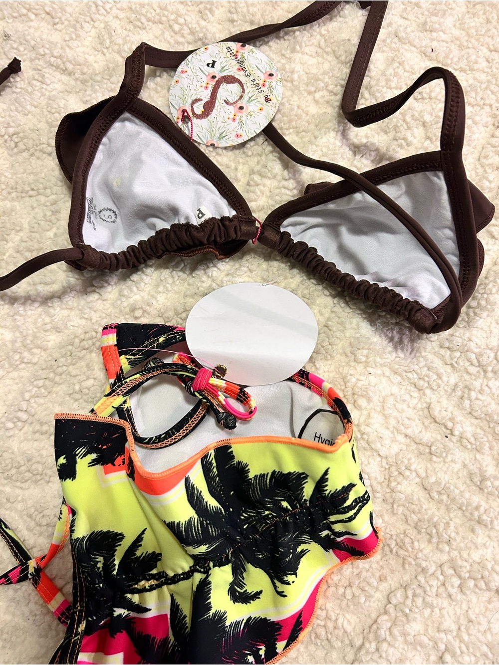 Womenâs Neon Palm Print Bikini Top and Brown Triangle Top Set